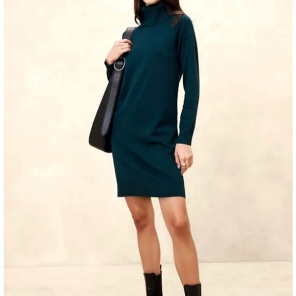 Banana Republic Turtleneck Sweater Dress XS Dark Teal Stretch Seam Detail NWT - Picture 3 of 16